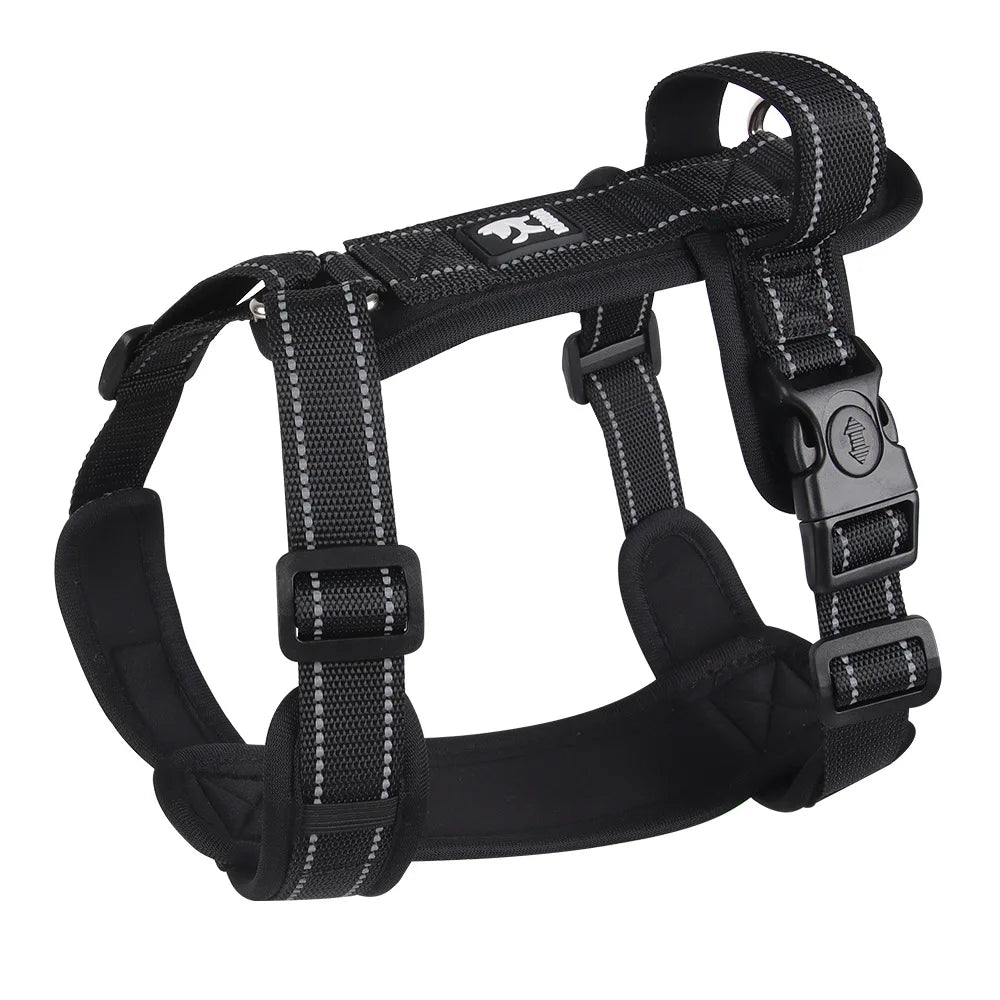 Black dog harness shown against a plain background.