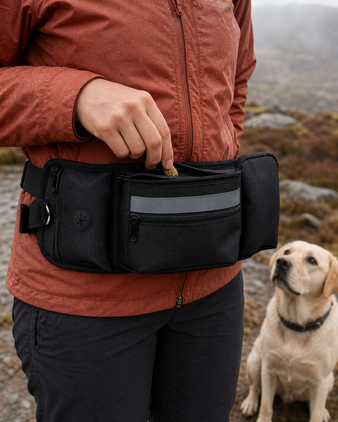 Black multi-pocket walking pouch worn by a person in a rust-coloured jacket, with a golden dog beside them.