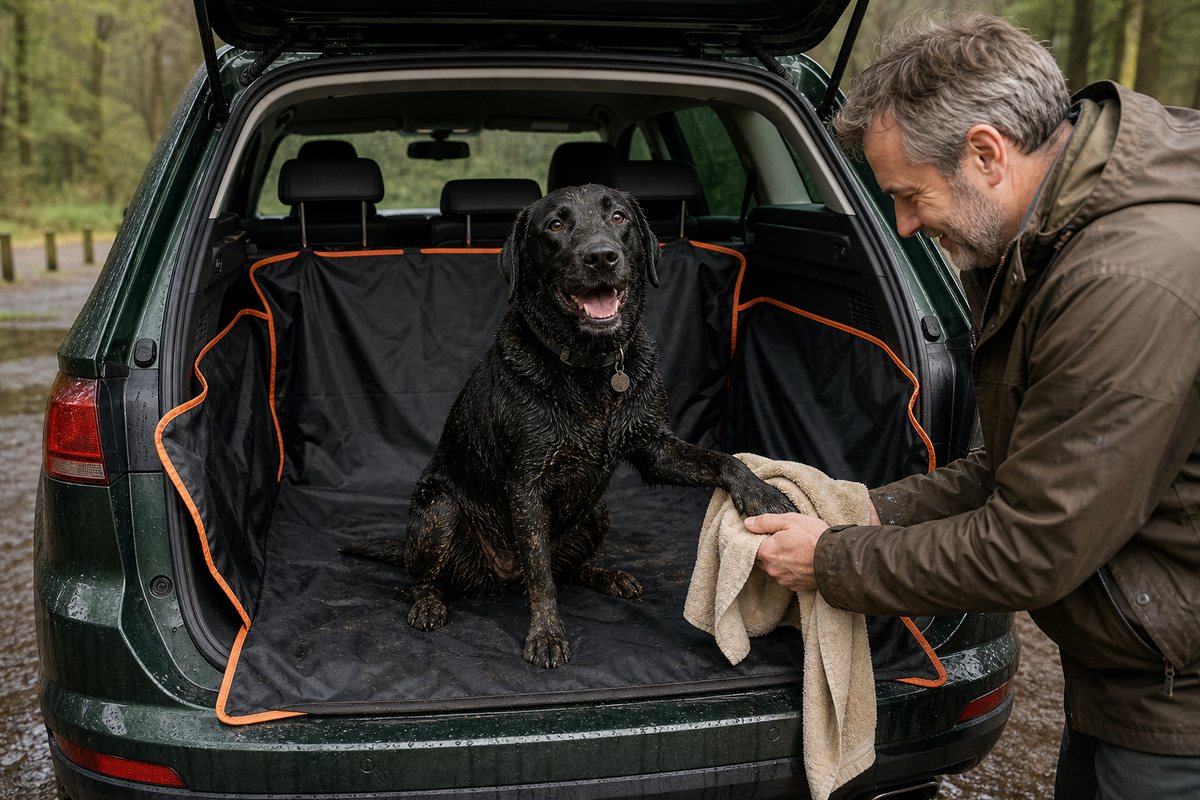 Person drying a black dog in a lined car boot