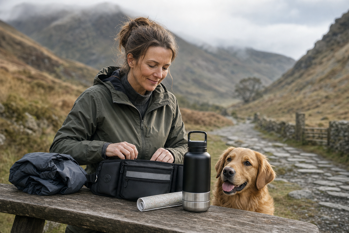 Woman checking a waist bag beside a bottle and golden dog outdoors