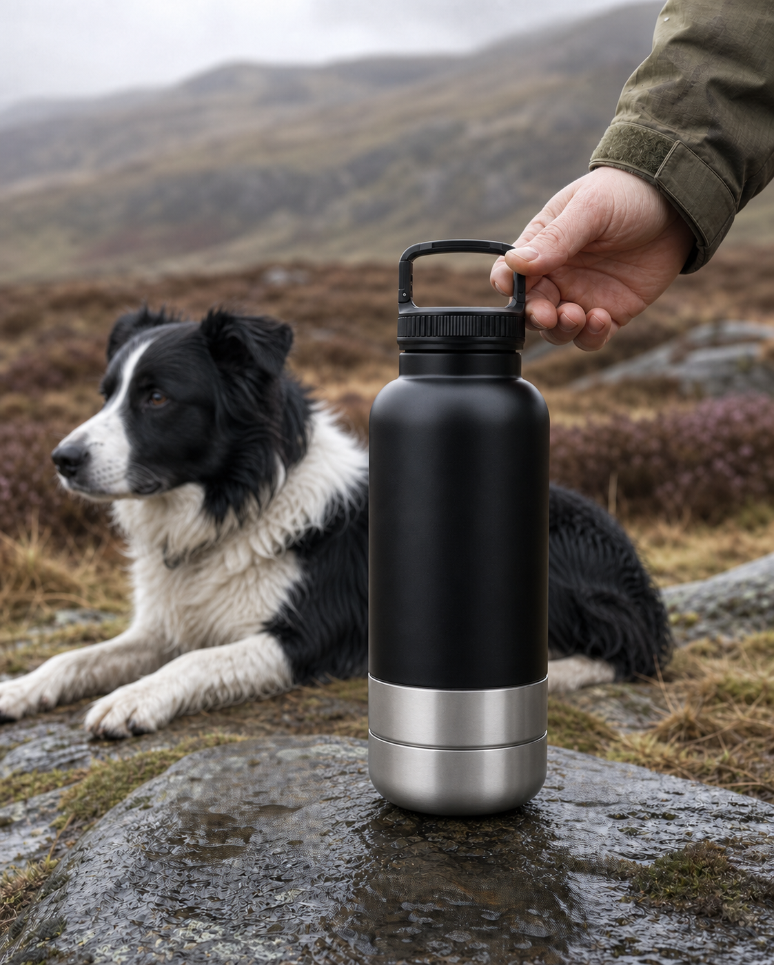 Black pet water bottle held beside a black-and-white dog