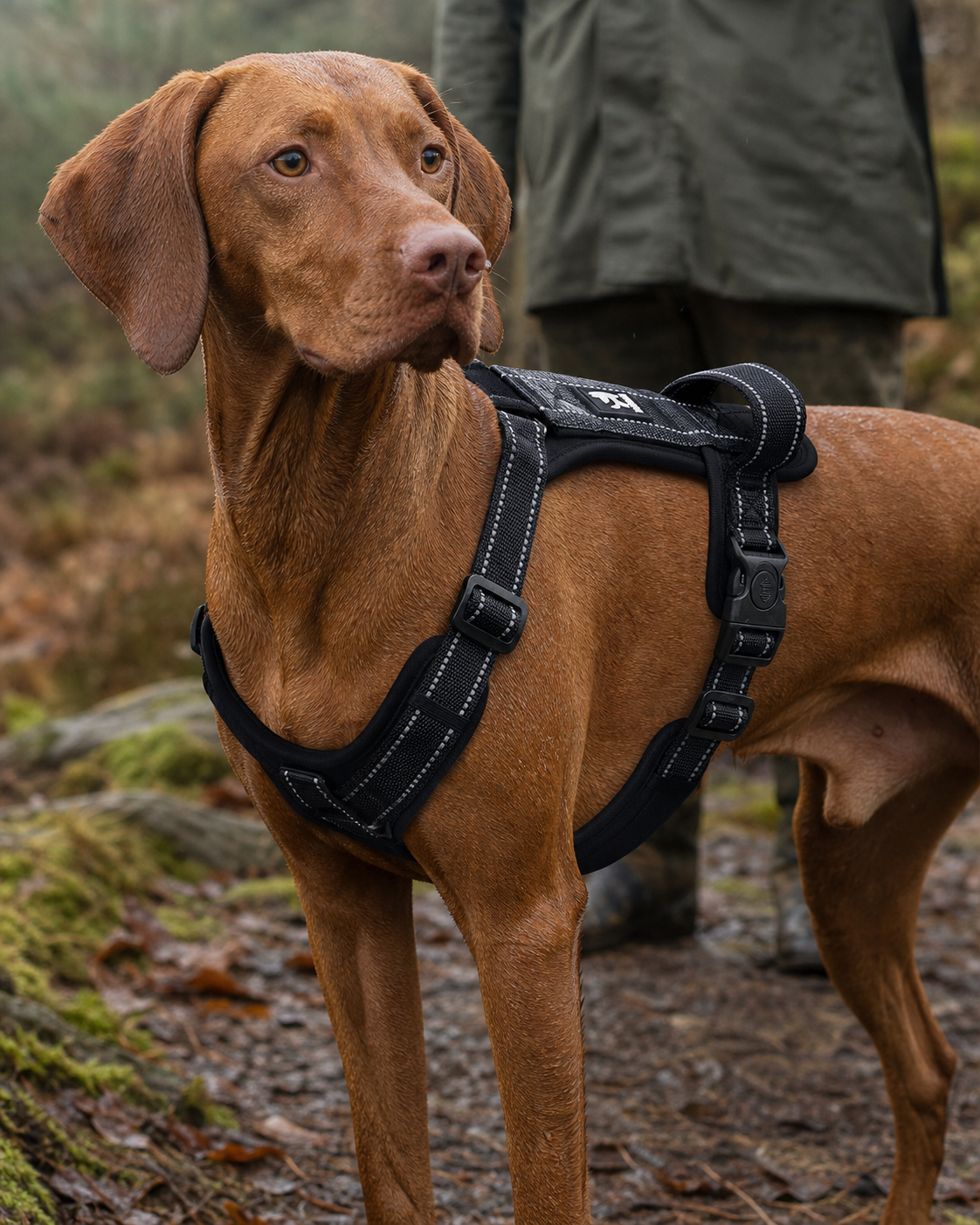 Brown dog wearing a black harness