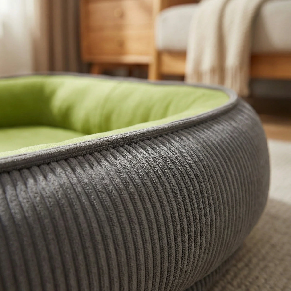 Close-up of the dog bed's ribbed grey outer fabric and green plush lining