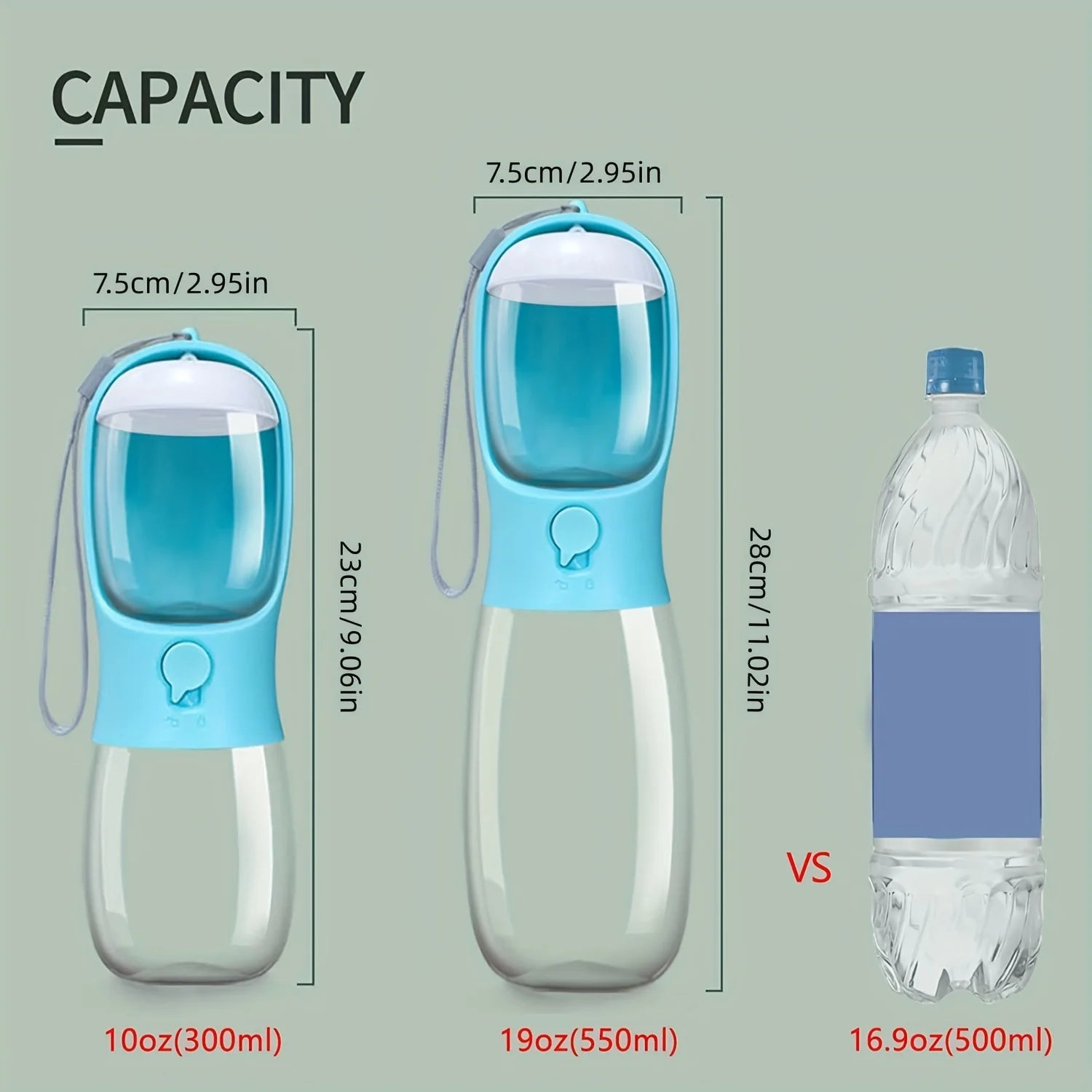 Portable dog water bottle with 300ml & 550ml capacity, compared to 500ml human bottle for hiking