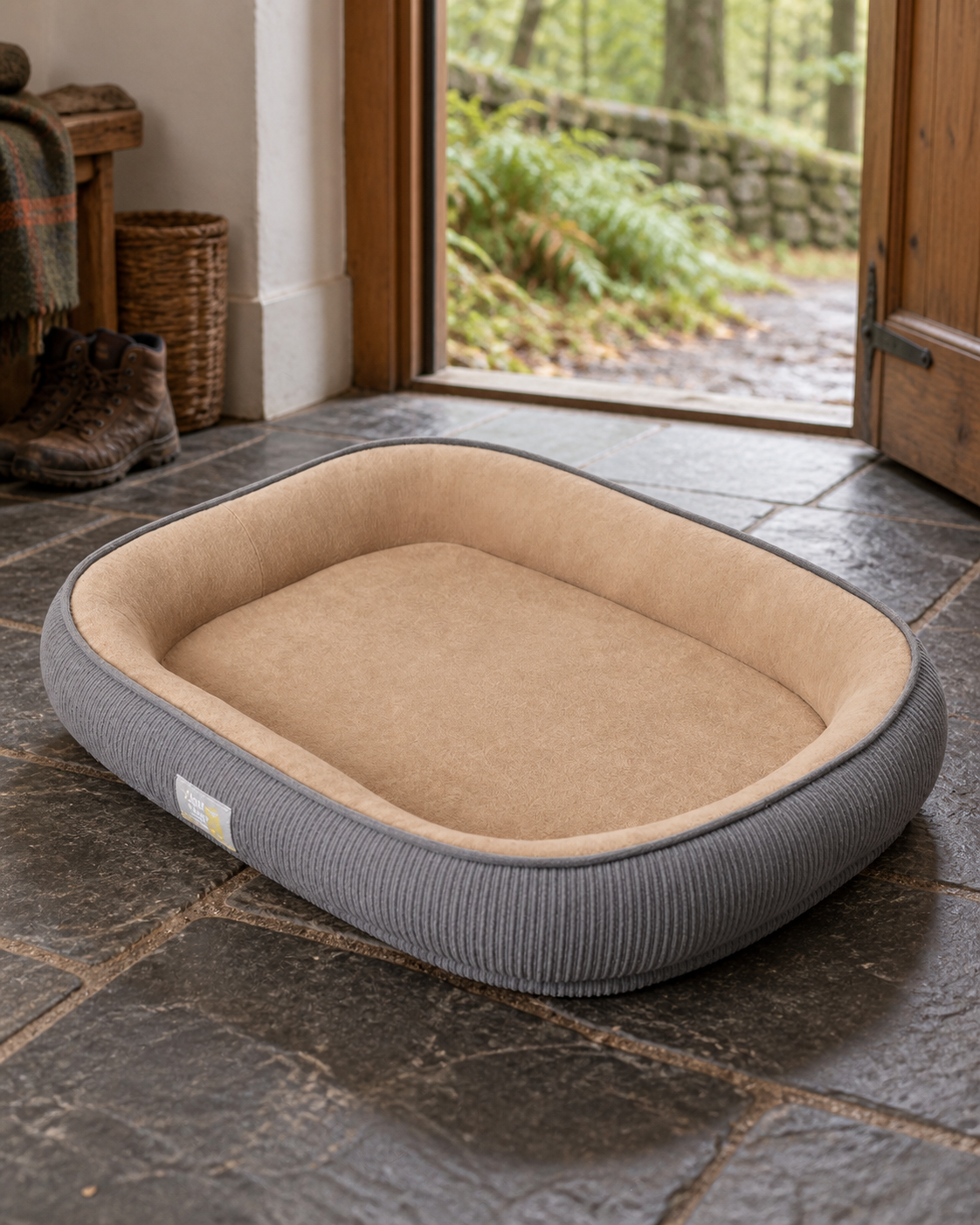 Empty khaki After-Walk Comfort Dog Bed with grey ribbed sides in a cottage doorway