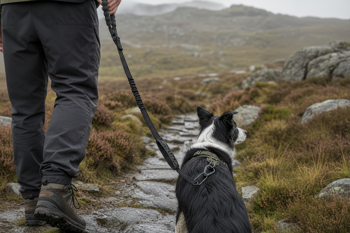 Black-and-white dog on a lead beside a walker on a hill path