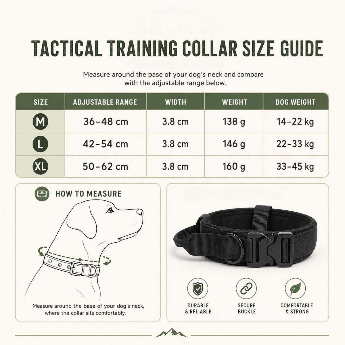 Dog collar size chart and illustrated neck-measuring guide