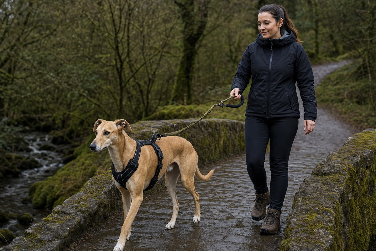 Woman walking a tan dog on a woodland path