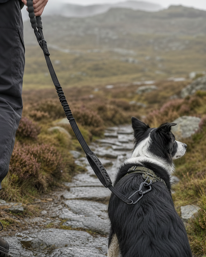 Black-and-white Border Collie on a lead beside a walker on an open hillside.