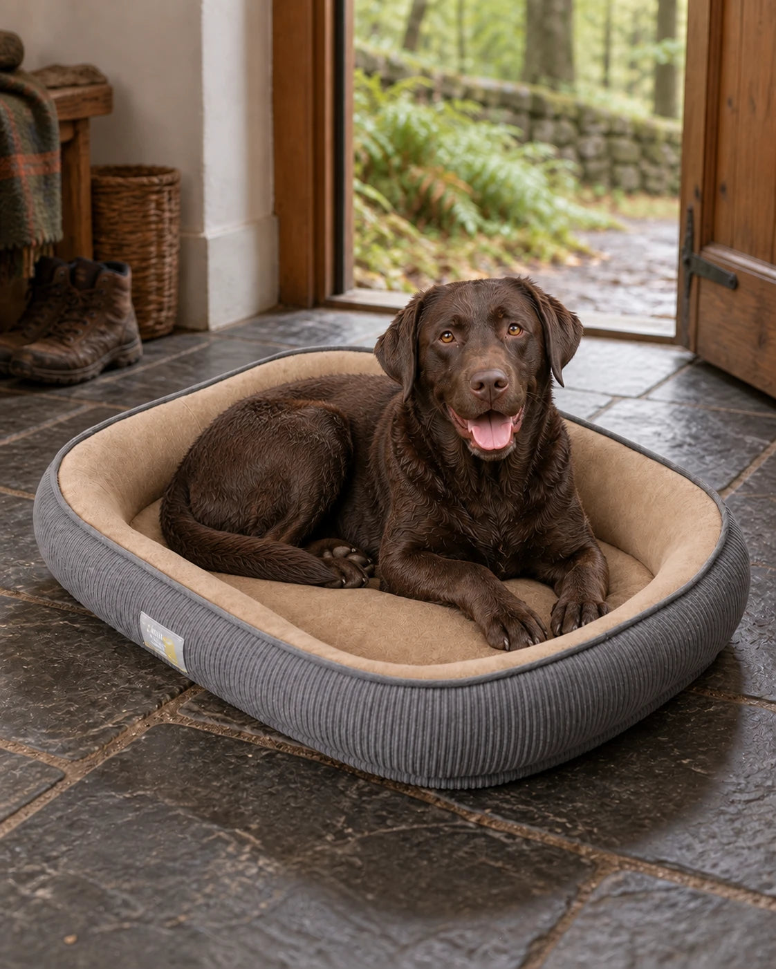 Chocolate Labrador resting in the khaki After-Walk Comfort Dog Bed in a cottage doorway