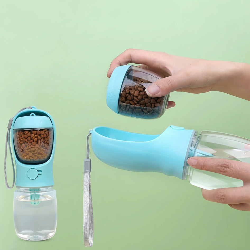 Portable dog water bottle with built-in food container for outdoor walks and travel