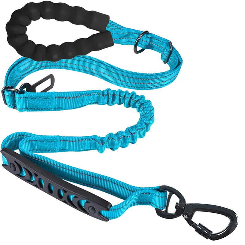 Blue dog leash with black ergonomic handle and carabiner, designed for all-weather trail walks and secure handling.