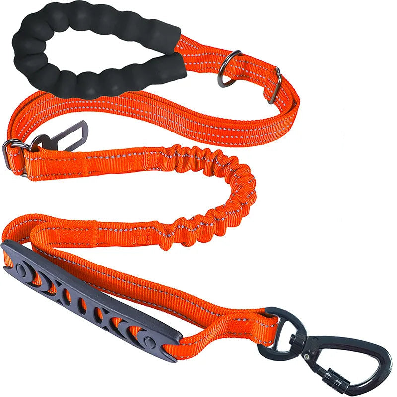 Bright orange dog leash with padded handle, reflective stitching, and carabiner clip for secure outdoor walks