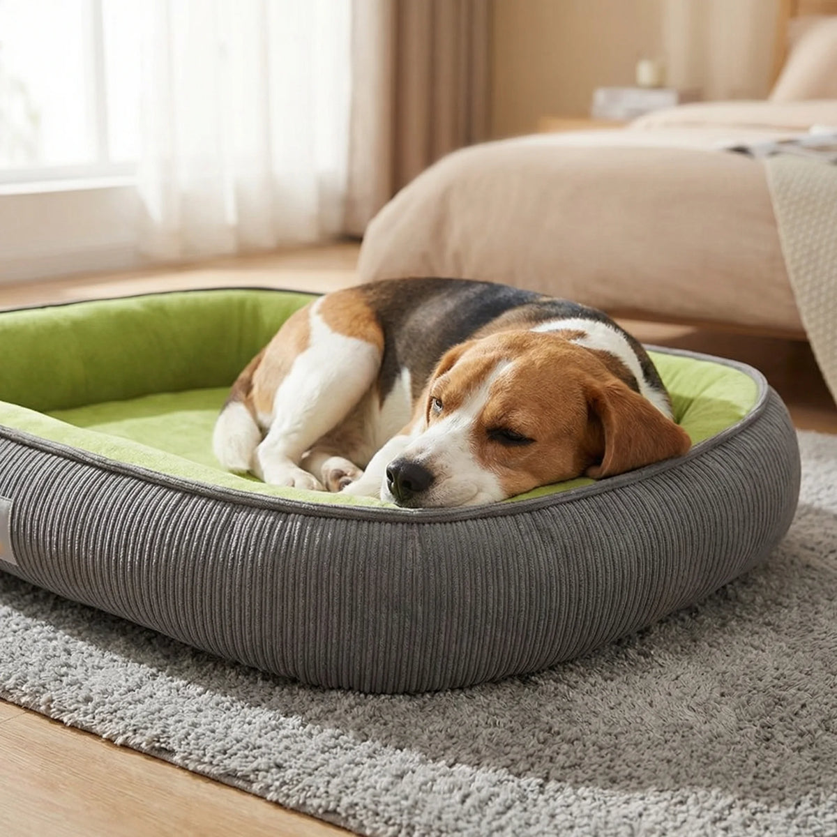 Dog resting its head on the cushioned edge of the Green Comfort Dog Bed
