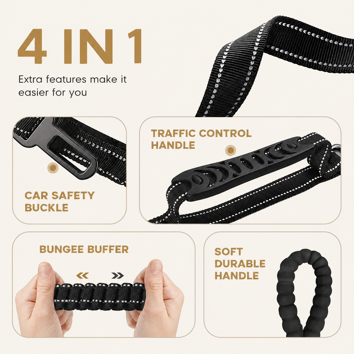 Dog lead close-ups showing handles, clip and elasticated section