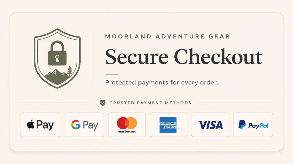 Moorland Adventure Gear checkout graphic with payment provider logos