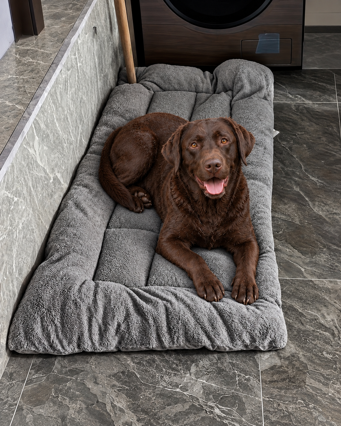 Chocolate Labrador resting on the grey Trail-Rest Plush Dog Mat, portrait view showing its quilted surface and cushioned edges